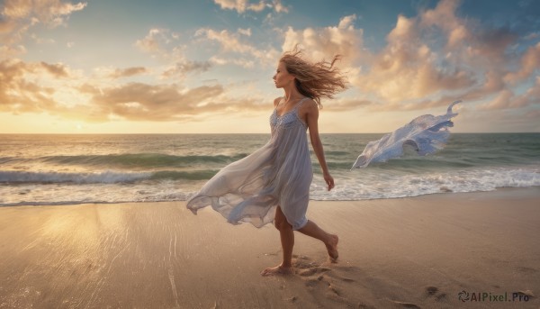 1girl, solo, long hair, breasts, brown hair, dress, outdoors, sky, barefoot, cloud, water, white dress, ocean, beach, wind, scenery, walking, sunset, running, sand, horizon, sundress, waves