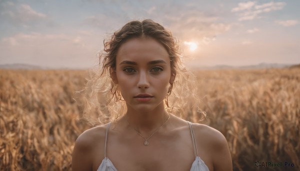 1girl,solo,long hair,looking at viewer,brown hair,dress,bare shoulders,jewelry,closed mouth,upper body,outdoors,sky,day,cloud,dark skin,necklace,white dress,blurry,dark-skinned female,blue sky,lips,grey eyes,depth of field,blurry background,wavy hair,expressionless,curly hair,realistic,nose,sun,spaghetti strap,field,earrings,signature,sunlight,portrait,veil,scenery,backlighting,sunset,wheat