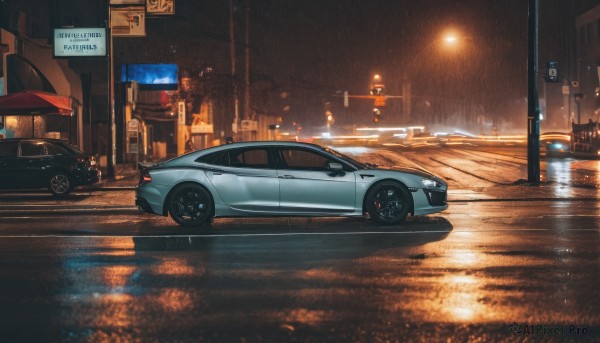 outdoors,sky,no humans,night,ground vehicle,building,scenery,motor vehicle,reflection,rain,city,sign,car,light,road,vehicle focus,lamppost,street,road sign,puddle,lights,sports car,umbrella,night sky,realistic,city lights,real world location