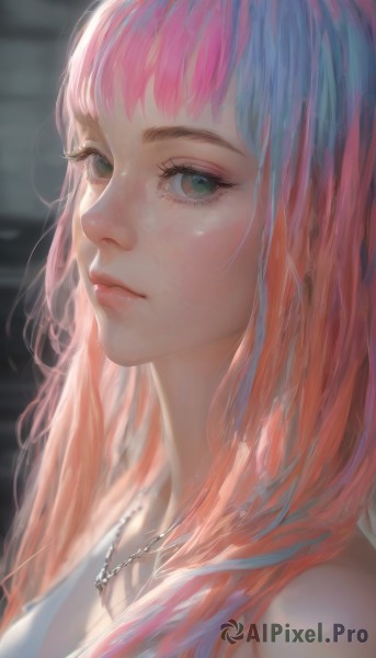 1girl,solo,long hair,looking at viewer,bangs,bare shoulders,jewelry,closed mouth,green eyes,upper body,pink hair,multicolored hair,necklace,blurry,from side,lips,eyelashes,blurry background,portrait,close-up,realistic,nose,blue hair,artist name,orange hair,gradient hair,makeup,pink lips,mascara