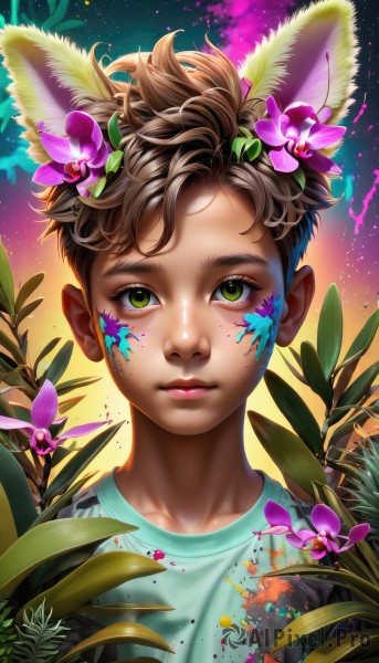 1girl,solo,looking at viewer,short hair,brown hair,shirt,hair ornament,1boy,animal ears,closed mouth,green eyes,collarbone,upper body,flower,male focus,artist name,hair flower,dark skin,lips,eyelashes,makeup,leaf,watermark,facial mark,bug,plant,portrait,star (sky),web address,androgynous,pink flower,freckles,realistic,nose,facepaint,very short hair,head wreath,paint splatter,paint splatter on face,white shirt,sky,fox ears,messy hair,child,extra ears,blood on face,green shirt,male child,dirty,paint,dirty face,splatter