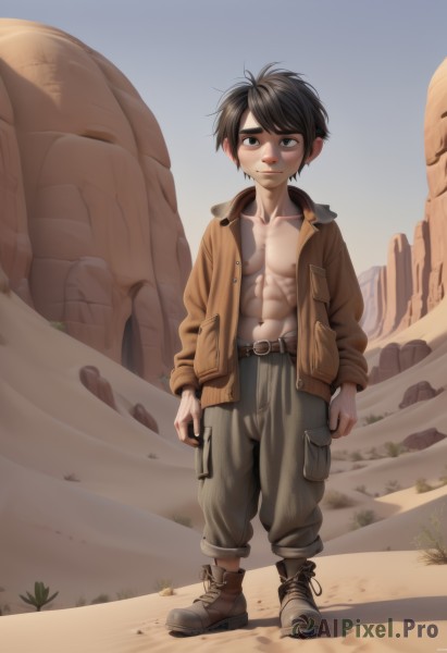 solo,looking at viewer,smile,short hair,black hair,1boy,navel,nipples,collarbone,jacket,full body,weapon,male focus,boots,outdoors,open clothes,sky,day,belt,pants,artist name,black eyes,open jacket,gun,muscular,abs,thick eyebrows,pectorals,child,walking,brown jacket,male child,desert,cliff,brown hair,brown eyes,standing,rock,realistic,sand,dirty