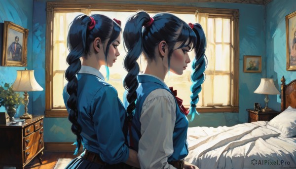 1girl,long hair,breasts,blush,bangs,multiple girls,skirt,shirt,black hair,hair ornament,long sleeves,bow,2girls,twintails,closed mouth,school uniform,blue hair,closed eyes,white shirt,braid,multicolored hair,collared shirt,belt,indoors,bowtie,yuri,vest,red bow,twin braids,from side,lips,pillow,window,hug,bed,profile,bed sheet,on bed,drill hair,sunlight,plant,curtains,twin drills,reflection,mirror,hug from behind,lamp,blue vest,bedroom,picture frame,drawer,different reflection,chest of drawers,ribbon,upper body,hairband,parted lips,single braid,dual persona,realistic,vase,painting (object),picture (object)