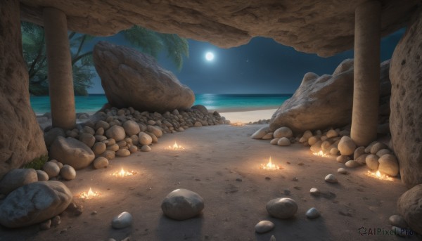 outdoors,sky,water,tree,no humans,night,ocean,beach,moon,fire,star (sky),night sky,scenery,full moon,starry sky,rock,sand,palm tree,horizon,shore,cave,stone,log,cloud,nature