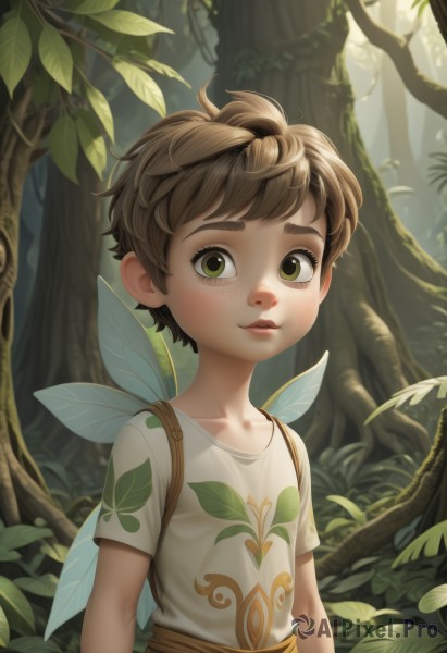 solo,looking at viewer,smile,short hair,brown hair,shirt,1boy,green eyes,collarbone,white shirt,upper body,short sleeves,male focus,outdoors,parted lips,wings,day,tree,leaf,thick eyebrows,plant,messy hair,child,nature,forest,freckles,fairy wings,fairy,male child,artist name,bag,lips,backpack