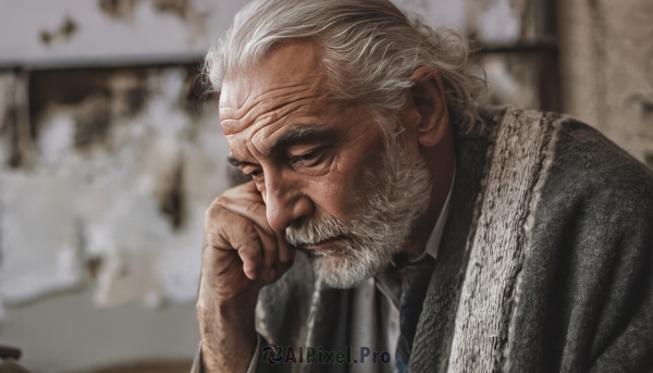 solo,shirt,1boy,closed mouth,closed eyes,upper body,white hair,grey hair,male focus,necktie,indoors,blurry,blurry background,facial hair,scar,formal,thick eyebrows,suit,beard,head rest,mature male,realistic,mustache,old,old man,photo background,wrinkled skin,white shirt,collared shirt,hand up,depth of field,portrait,scar on face,blue necktie,scar across eye,manly,striped necktie