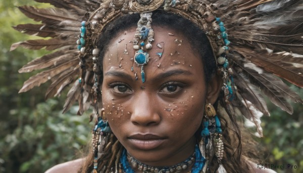 1girl,solo,long hair,looking at viewer,brown hair,black hair,hair ornament,brown eyes,jewelry,closed mouth,earrings,outdoors,parted lips,day,dark skin,necklace,blurry,black eyes,dark-skinned female,lips,eyelashes,depth of field,blurry background,feathers,gem,portrait,freckles,beads,realistic,nose,headdress,feather hair ornament,hair beads,tribal,piercing,very dark skin