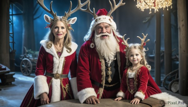 HQ,long hair,looking at viewer,smile,blue eyes,multiple girls,blonde hair,long sleeves,1boy,hat,dress,2girls,animal ears,jewelry,white hair,outdoors,belt,necklace,tree,coat,fur trim,night,facial hair,siblings,red dress,ground vehicle,christmas,beard,snow,santa hat,santa costume,snowing,mustache,candle,antlers,mother and daughter,old,christmas tree,red coat,father and daughter,family,reindeer antlers,reindeer,brown hair,cape,mole,child,realistic,old man