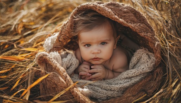 1girl,solo,looking at viewer,brown hair,brown eyes,lying,pointy ears,lips,on stomach,realistic,short hair,1boy,male focus,own hands together,child,male child,baby