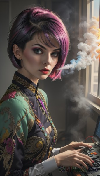 1girl,solo,breasts,looking at viewer,short hair,bangs,long sleeves,holding,cleavage,jewelry,medium breasts,green eyes,upper body,pink hair,purple hair,multicolored hair,earrings,small breasts,parted lips,indoors,nail polish,two-tone hair,lips,fingernails,grey eyes,clothing cutout,eyelashes,window,makeup,swept bangs,cleavage cutout,bob cut,lipstick,gem,red nails,eyeshadow,smoke,cigarette,nose,smoking,red lips,stud earrings,eyeliner,computer,monitor,laptop,keyboard (computer),mascara,shirt,black hair,dress,artist name,from side,realistic,controller,joystick