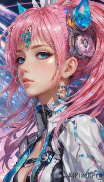 1girl,solo,long hair,breasts,looking at viewer,bangs,blue eyes,hair ornament,cleavage,twintails,jewelry,medium breasts,upper body,ponytail,pink hair,earrings,parted lips,horns,shiny,lips,eyelashes,makeup,headgear,science fiction,pink lips,nose,jacket,open clothes,from side,open jacket,clothing cutout,piercing,cleavage cutout,ear piercing,portrait,eyeshadow,zipper