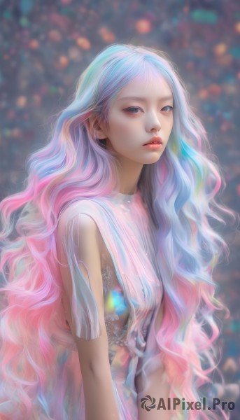 1girl,solo,long hair,breasts,looking at viewer,blue eyes,dress,very long hair,closed mouth,blue hair,upper body,pink hair,multicolored hair,sleeveless,artist name,blurry,black eyes,two-tone hair,lips,see-through,makeup,depth of field,blurry background,wavy hair,eyeshadow,realistic,nose,arms at sides,gradient hair,lipstick