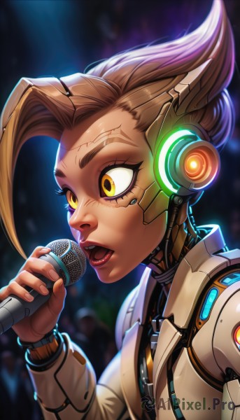 1girl,solo,breasts,short hair,open mouth,blonde hair,brown hair,holding,yellow eyes,upper body,teeth,dark-skinned female,lips,fingernails,eyelashes,makeup,glowing,headphones,upper teeth only,scar,lipstick,microphone,forehead,headset,colored sclera,science fiction,veins,nose,music,cable,holding microphone,singing,cyborg,hair pulled back,robot joints,neon trim,mohawk,cyberpunk,mechanical parts,blurry,eyeshadow,android,joints