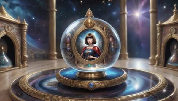 1girl,solo,short hair,bangs,brown hair,dress,jewelry,closed eyes,sky,cape,lips,crossed arms,bob cut,gem,star (sky),starry sky,reflection,candle,space,planet,globe,weighing scale,black hair,night,hourglass