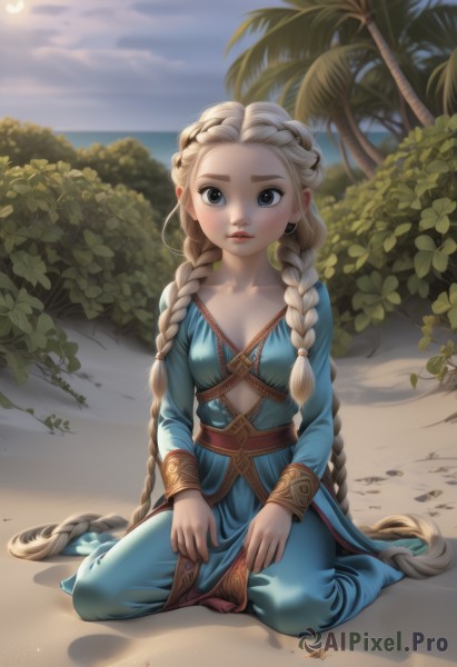 1girl,solo,long hair,breasts,looking at viewer,blue eyes,blonde hair,long sleeves,dress,cleavage,sitting,very long hair,closed mouth,collarbone,full body,braid,small breasts,outdoors,sky,day,artist name,cloud,blurry,twin braids,tree,lips,night,blue dress,ocean,leaf,watermark,wariza,beach,moon,child,hair over shoulder,web address,freckles,nose,sand,palm tree,absurdly long hair,on ground,blush,twintails,parted lips,forehead,sun