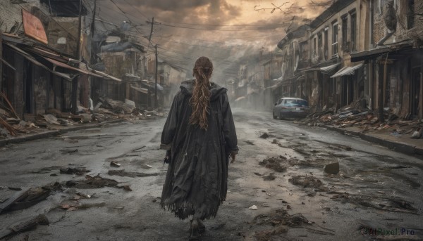 1girl, solo, long hair, brown hair, standing, weapon, outdoors, sky, cloud, from behind, gun, cloudy sky, ground vehicle, building, scenery, motor vehicle, car, road, ruins, power lines, street, rubble