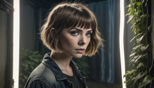 1girl,solo,looking at viewer,short hair,bangs,brown hair,shirt,brown eyes,jewelry,closed mouth,jacket,upper body,earrings,outdoors,parted lips,day,blurry,tree,lips,black shirt,depth of field,blurry background,leaf,bob cut,plant,denim,messy hair,portrait,freckles,realistic,nose,leather,leather jacket,denim jacket,open clothes,blunt bangs,open jacket,eyelashes,sunlight,blue jacket