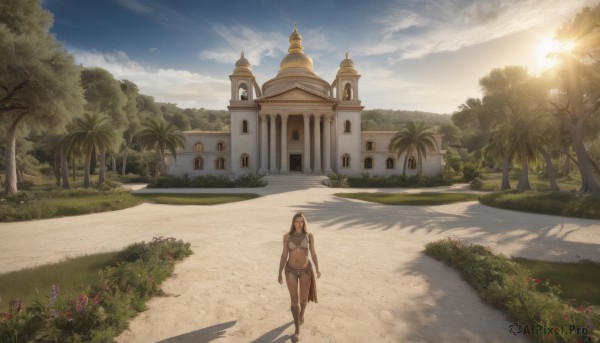 1girl,solo,long hair,breasts,looking at viewer,large breasts,brown hair,black hair,navel,standing,flower,outdoors,sky,barefoot,day,midriff,cloud,tree,blue sky,shadow,sunlight,grass,building,nature,scenery,walking,palm tree,arms at sides,sun,road,bush,house,castle,tower,path,underwear,panties,swimsuit,bikini,bird,beach,sand,wide shot