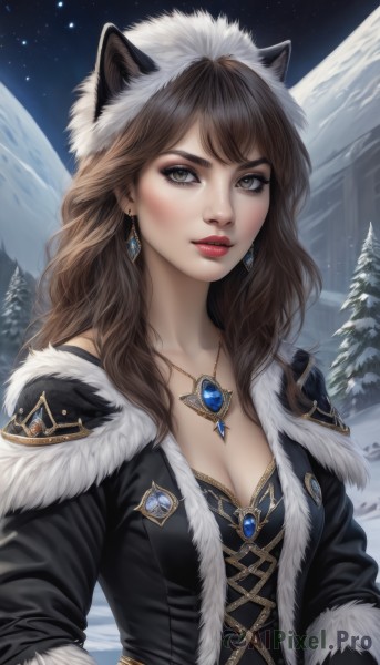 1girl,solo,long hair,breasts,looking at viewer,bangs,brown hair,long sleeves,hat,animal ears,cleavage,brown eyes,jewelry,medium breasts,collarbone,upper body,earrings,outdoors,parted lips,sky,artist name,cat ears,necklace,tree,lips,coat,fur trim,eyelashes,makeup,night,fake animal ears,gem,star (sky),night sky,snow,pendant,starry sky,snowing,mountain,nose,red lips,winter,fur-trimmed coat,fur-trimmed headwear,pine tree,aurora,blush,jacket,signature,hood,lipstick,realistic