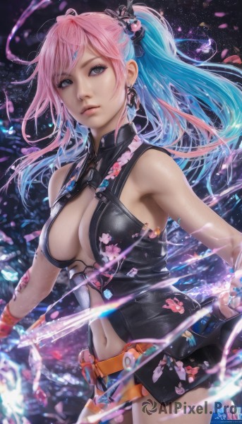 1girl,solo,long hair,breasts,looking at viewer,bangs,blue eyes,hair ornament,navel,cleavage,bare shoulders,jewelry,medium breasts,closed mouth,blue hair,ponytail,weapon,pink hair,multicolored hair,cowboy shot,earrings,sleeveless,belt,sword,artist name,signature,two-tone hair,lips,grey eyes,petals,clothing cutout,gradient hair,floral print,cleavage cutout,realistic,nose,center opening,navel cutout,dress,watermark,web address