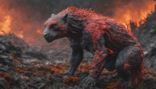 godzilla, solo, red eyes, tail, teeth, no humans, fire, sharp teeth, claws, spikes, smoke, monster, destruction, kaijuu