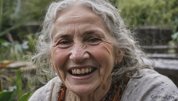 1girl,solo,long hair,looking at viewer,smile,open mouth,blue eyes,jewelry,white hair,outdoors,teeth,day,blurry,depth of field,blurry background,messy hair,portrait,realistic,old,old woman,wrinkled skin,1boy,grey hair,male focus,necklace,grin,parody,meme