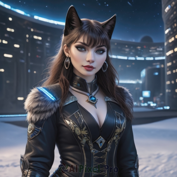 1girl,solo,long hair,breasts,looking at viewer,bangs,large breasts,brown hair,long sleeves,animal ears,cleavage,brown eyes,jewelry,medium breasts,closed mouth,jacket,upper body,earrings,outdoors,sky,choker,artist name,cat ears,necklace,mole,blurry,lips,coat,grey eyes,fur trim,makeup,night,blurry background,lipstick,building,gem,night sky,corset,snow,eyeshadow,hoop earrings,snowing,city,realistic,nose,red lips,eyeliner,smile,blue eyes,black hair,black jacket