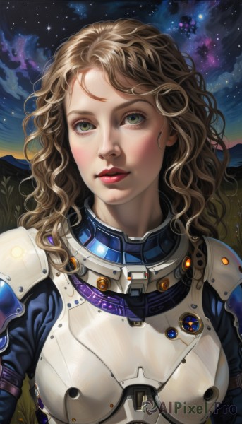 1girl,solo,long hair,breasts,looking at viewer,blonde hair,brown hair,green eyes,upper body,sky,armor,lips,bodysuit,makeup,night,wavy hair,looking up,lipstick,star (sky),night sky,starry sky,science fiction,curly hair,breastplate,realistic,red lips,space,spacesuit,blush,parted lips,freckles