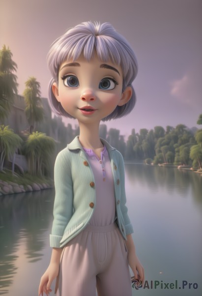 1girl,solo,looking at viewer,smile,short hair,blue eyes,shirt,standing,jacket,purple hair,cowboy shot,outdoors,parted lips,sky,pants,water,tree,lips,grey eyes,buttons,cardigan,child,reflection,female child,open clothes,light purple hair,striped shirt,realistic,river,lake