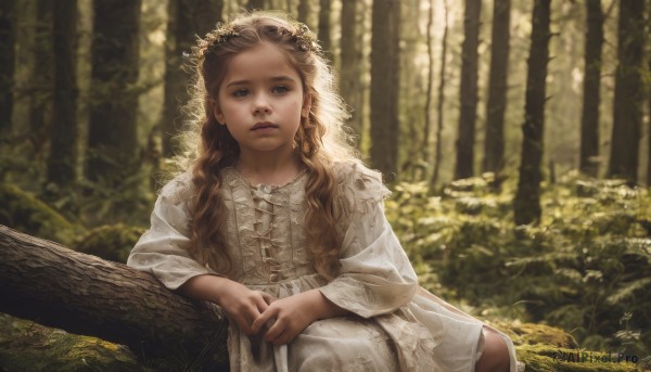 1girl,solo,long hair,looking at viewer,blonde hair,brown hair,long sleeves,dress,brown eyes,sitting,flower,outdoors,parted lips,day,white dress,blurry,tree,lips,depth of field,blurry background,wavy hair,nature,forest,curly hair,realistic,head wreath,blue eyes,sunlight,veil