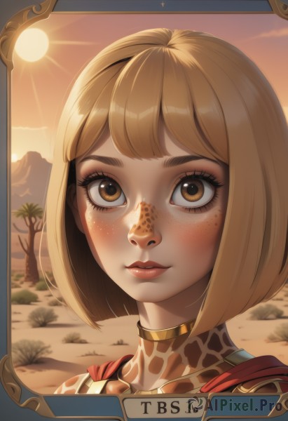 1girl,solo,looking at viewer,blush,short hair,bangs,blonde hair,brown eyes,outdoors,parted lips,sky,artist name,tree,lips,eyelashes,makeup,bob cut,animal print,portrait,freckles,sunset,mountain,sun,desert,brown hair,closed mouth,sunlight,palm tree