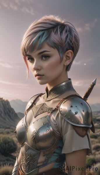 1girl,solo,breasts,looking at viewer,short hair,bangs,cleavage,jewelry,medium breasts,closed mouth,green eyes,blue hair,upper body,weapon,short sleeves,grey hair,multicolored hair,earrings,small breasts,outdoors,sky,belt,sword,armor,blurry,lips,see-through,grey eyes,depth of field,blurry background,shoulder armor,freckles,pauldrons,breastplate,mountain,realistic,nose,fantasy,stud earrings,very short hair,chainmail,blue eyes,parted lips,artist name,cloud,two-tone hair,eyelashes,sunset