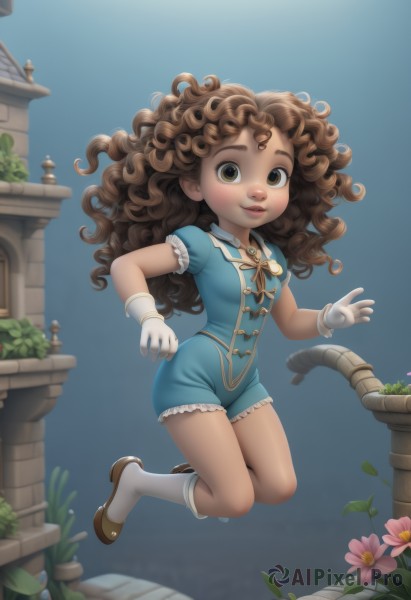 1girl,solo,long hair,looking at viewer,smile,brown hair,gloves,dress,brown eyes,full body,flower,short sleeves,boots,frills,shoes,shorts,socks,white gloves,dark skin,dark-skinned female,lips,brown footwear,plant,curly hair,jumping,breasts,blush,outdoors,parted lips,puffy sleeves,artist name,puffy short sleeves,leaf,watermark,web address