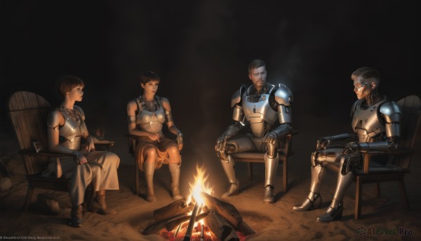 1girl,short hair,multiple girls,brown hair,black hair,gloves,2girls,sitting,weapon,boots,food,multiple boys,sword,2boys,fingerless gloves,armor,cup,facial hair,watermark,chair,table,3boys,helmet,fire,crossover,shoulder armor,gauntlets,web address,beard,science fiction,pauldrons,breastplate,realistic,mustache,android,cyborg,cooking,helmet removed,plate armor,campfire,white hair,looking at another,scar,goggles,4boys,very short hair