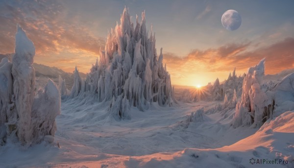 outdoors,sky,cloud,tree,no humans,moon,sunlight,cloudy sky,scenery,snow,sunset,ice,mountain,sun,winter,landscape,mountainous horizon,sunrise,water,footprints,frozen