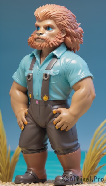 solo,blue eyes,brown hair,shirt,1boy,standing,full body,short sleeves,male focus,boots,outdoors,day,pants,dark skin,nail polish,orange hair,facial hair,suspenders,blue shirt,beard,hands on hips,mustache,food,artist name,medium hair,watermark,brown footwear,black pants,grass,web address,furry,rock,furry male,brown pants,yellow nails