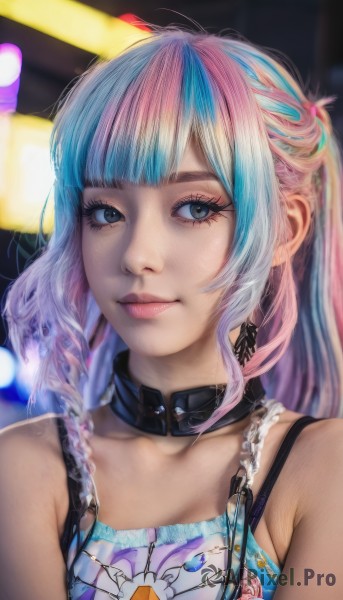 1girl,solo,long hair,looking at viewer,smile,bangs,blue eyes,bare shoulders,closed mouth,blue hair,collarbone,upper body,pink hair,multicolored hair,sleeveless,choker,blunt bangs,blurry,black eyes,collar,two-tone hair,lips,streaked hair,grey eyes,eyelashes,aqua hair,gradient hair,makeup,blurry background,eyeshadow,realistic,nose,jewelry,sidelocks,artist name,necklace,watermark,portrait,web address,pink lips,eyeliner,strap,mascara