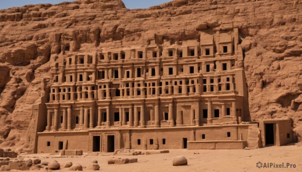 monochrome,outdoors,sky,day,no humans,window,building,scenery,rock,sand,road,ruins,house,sepia,brown theme,blue sky,desert