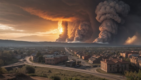 outdoors,sky,cloud,water,tree,no humans,window,ocean,cloudy sky,grass,fire,ground vehicle,building,scenery,smoke,sunset,mountain,city,sun,horizon,road,cityscape,house,river,landscape,town,chimney,nature,motor vehicle,car,watercraft,explosion,bridge