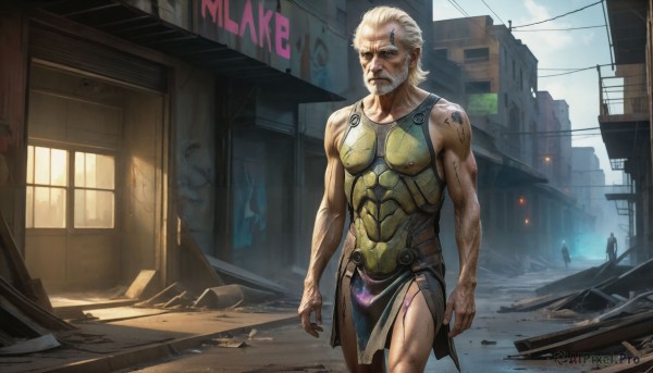 HQ,solo,looking at viewer,short hair,1boy,bare shoulders,closed mouth,standing,white hair,male focus,cowboy shot,outdoors,day,armor,tattoo,muscular,facial hair,scar,muscular male,building,beard,clenched hands,veins,serious,realistic,mustache,arms at sides,bald,manly,old,dirty,old man,blonde hair,weapon,sky,solo focus,cloud,window,knife,science fiction,city,sign,cyborg,cyberpunk