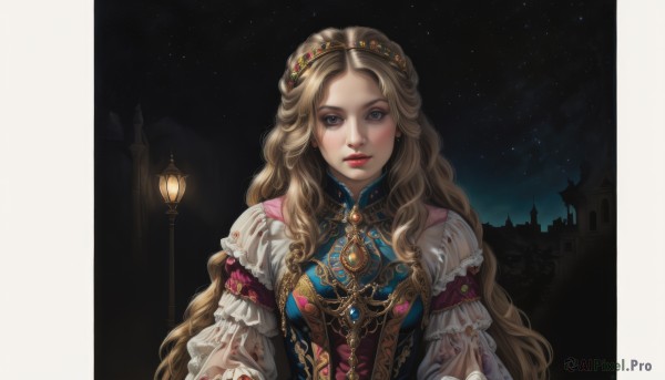 1girl,solo,long hair,looking at viewer,blue eyes,blonde hair,brown hair,long sleeves,dress,jewelry,very long hair,upper body,earrings,outdoors,sky,puffy sleeves,nail polish,lips,makeup,night,wavy hair,tiara,crown,lipstick,brooch,gem,star (sky),night sky,red nails,starry sky,curly hair,red lips,lamppost,parted lips,realistic,castle