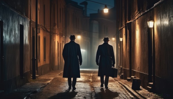 hat,holding,standing,male focus,outdoors,multiple boys,2boys,from behind,coat,black headwear,night,building,scenery,walking,rain,black coat,city,facing away,bucket,dark,lamppost,long coat,street,fedora,trench coat,suitcase,trash can,alley,briefcase,sky,pants,bag,window,shadow,light,road,power lines