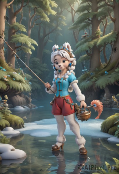 1girl,solo,long hair,looking at viewer,smile,blue eyes,holding,animal ears,standing,braid,white hair,outdoors,shorts,water,rabbit ears,high heels,twin braids,tree,crown,nature,forest,bucket,red shorts,river,fishing rod,pond,puffy shorts,breasts,open mouth,shirt,long sleeves,jewelry,full body,flower,short sleeves,pantyhose,multicolored hair,earrings,small breasts,multiple boys,shoes,teeth,solo focus,puffy sleeves,artist name,vest,watermark,bug,tiara,juliet sleeves,web address,reflection,basket,mushroom,buck teeth