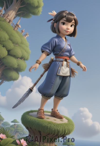 1girl,solo,looking at viewer,smile,short hair,bangs,multiple girls,brown hair,black hair,hair ornament,brown eyes,jewelry,closed mouth,standing,full body,weapon,flower,short sleeves,outdoors,sky,shoes,solo focus,day,puffy sleeves,pants,sword,cloud,water,bracelet,tree,blue sky,puffy short sleeves,lips,sash,brown footwear,grass,feathers,blue shirt,knife,polearm,sheath,child,female child,bangle,feather hair ornament,baggy pants,spear