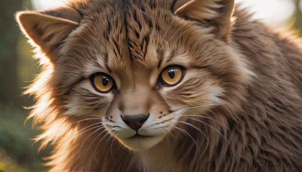 solo,looking at viewer,brown eyes,closed mouth,yellow eyes,blurry,no humans,depth of field,blurry background,animal,cat,portrait,close-up,realistic,animal focus,whiskers,signature,colored sclera,yellow sclera