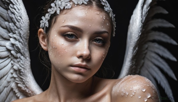 1girl,solo,looking at viewer,blue eyes,simple background,black hair,hair ornament,closed mouth,wings,black eyes,lips,wet,grey eyes,black background,portrait,feathered wings,freckles,angel wings,realistic,white wings,angel,brown hair,collarbone,sweat,eyelashes,feathers,close-up