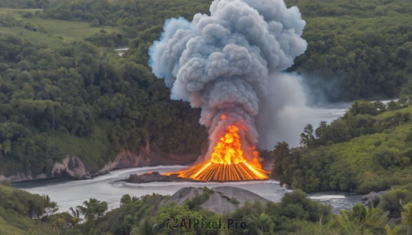 outdoors,sky,day,cloud,signature,water,tree,no humans,grass,fire,nature,scenery,forest,smoke,mountain,aircraft,airplane,bush,explosion,river,landscape,burning