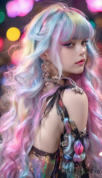 1girl,solo,long hair,looking at viewer,bangs,dress,bare shoulders,jewelry,very long hair,closed mouth,blue hair,upper body,pink hair,white hair,multicolored hair,earrings,detached sleeves,looking back,blunt bangs,blurry,black dress,two-tone hair,lips,grey eyes,eyelashes,gradient hair,makeup,depth of field,blurry background,wavy hair,piercing,eyeshadow,backless outfit,realistic,nose,mascara,choker,pointy ears,artist name,pink eyes,necklace,from side,looking to the side,pink lips,eyeliner,bokeh