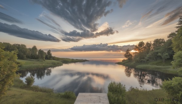 outdoors,sky,day,cloud,water,tree,no humans,cloudy sky,grass,nature,scenery,forest,reflection,sunset,horizon,road,bush,river,landscape,lake,blue sky,sunlight,mountain,reflective water