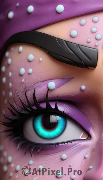 1girl,solo,looking at viewer,blue eyes,black hair,1boy,male focus,blurry,aqua eyes,eyelashes,makeup,piercing,slit pupils,close-up,eyeshadow,eyeliner,mascara,eye focus,hat